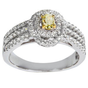 Say Yes to Radiance: Yaffie White Gold 1ct TDW Round Diamond Halo Ring with White & Yellow Diamonds