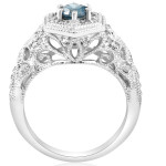 Vintage Filigree Halo Ring with Blue & White Diamonds - 0.75 ct TDW in White Gold by Yaffie.