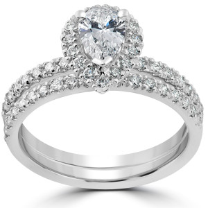 Yaffie Pear-shaped Halo Diamond Ring Set with 1 1/10 carats of White Gold for Engagement and Weddings