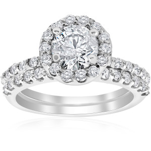 Glimmering Yaffie White Gold Engagement and Wedding Band Set with a Halo of Clarity-Enhanced Diamonds, Totaling 1 7/8 Carats.