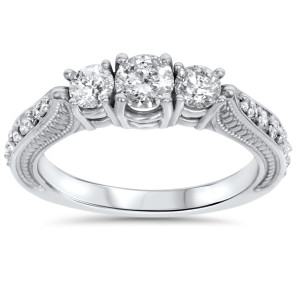 Vintage Three-Stone Diamond Engagement Ring - 1ct TDW in White Gold by Yaffie