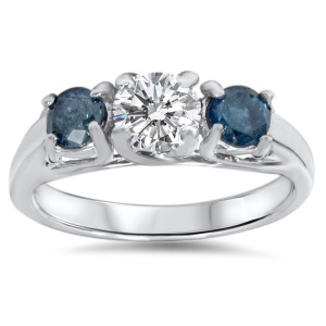 Sparkling Yaffie 1ct White & Blue Diamond 3-stone Engagement Ring in White Gold