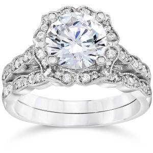 Sparkling Yaffie White Gold 2ct TDW Diamond Halo Engagement Wedding 2-piece Ring Set with Enhanced Clarity