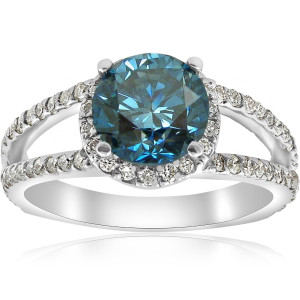 Blue & White Halo Diamond Engagement Ring - Yaffie White Gold, 3.5 ct TDW
