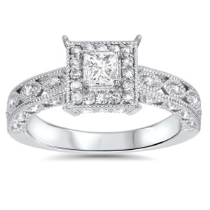Vintage Princess-Cut Halo Diamond Ring with 5/8ct TDW in Elegant White Gold by Yaffie.