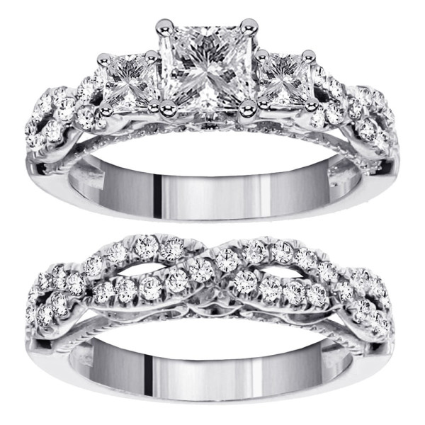 Braided 3-Stone Princess Cut Diamond Ring Set by Yaffie - 14k Gold, 2ct TDW for Your Special Day