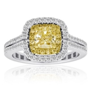 Radiant Yaffie Diamond Ring in White and Gold with 1 ?ct TCW Yellow and White Diamonds.