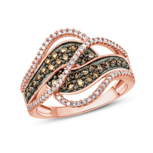 Rose Gold Multi-Row Bypass Ring with 3/4 Carat Champagne and White Diamonds by Yaffie