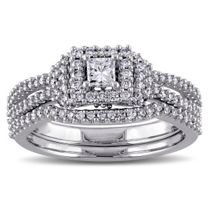 Signature Collection Yaffie Bridal Ring Set - 3/4ct TDW Princess and Round-Cut Diamonds with a Halo in White Gold