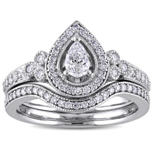 The Signature Collection Yaffie White Gold Bridal Ring Set with 5/8ct TDW Pear and Round-Cut Diamond Halo