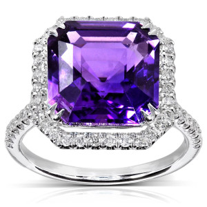 Amethyst & Diamond Halo Ring in Yaffie White Gold with 6 1/10ct Total Carat Weight