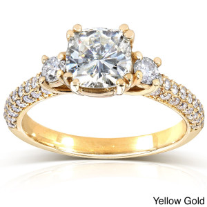 1.5ct Yaffie Gold Cushion Moissanite & Diamond 3-Stone Pave Ring