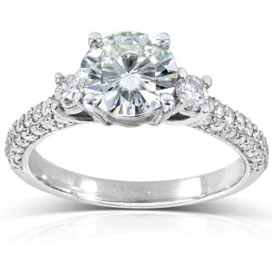 3-Stone Pave Moissanite & Diamond Engagement Ring with 1.4ct TGW in Yaffie Gold