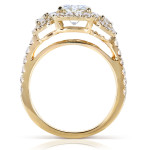 Shimmering Yaffie Gold 1.875ct Moissanite and Diamond 3-Stone Halo Engagement Ring.