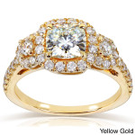 Shimmering Yaffie Gold 1.875ct Moissanite and Diamond 3-Stone Halo Engagement Ring.