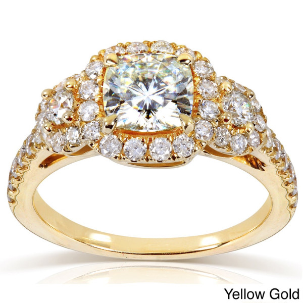 Shimmering Yaffie Gold 1.875ct Moissanite and Diamond 3-Stone Halo Engagement Ring.
