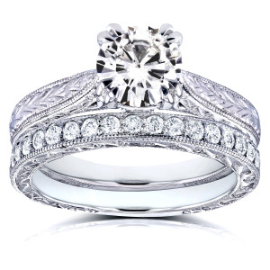 Eternally Radiant: Yaffie Gold Bridal Set with 1ct Round Forever Brilliant Moissanite and 1/3ct TDW Diamond in a Cathedral Setting.