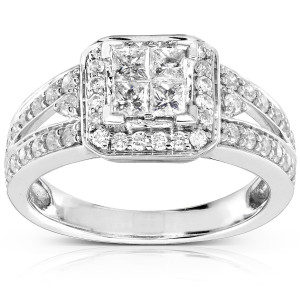 Sparkling Yaffie Gold Diamond Engagement Ring with Quad Princess Halo, 1ct TDW