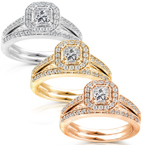 Gold Princess Diamond Bridal Ring Set with 5/8ct TDW Halo by Yaffie