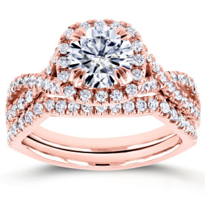 Radiant Yaffie Rose Gold Bridal Set with Forever One DEF Moissanite and Glittering Diamond Criss-Cross Design.