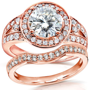 Sparkling Yaffie Rose Gold Bridal Ring Set with 2ct TCW Round Moissanite and Diamond Halo, Perfect for Your Big Day!