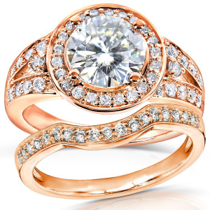 Rose Gold Bridal Set with 2ct TGW Forever Brilliant Moissanite & Diamond Halo, Yaffie