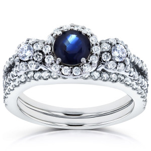 Bridal Ring Set - Yaffie White Gold with 1 1/5ct Sapphire and Diamond Sparkle (2 Rings)