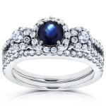 White Gold Bridal Ring Set with 1 1/5ct TCW Sapphire and Diamonds by Yaffie - 2 Pieces