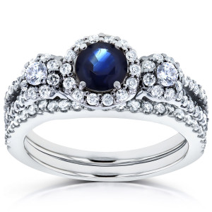 White Gold Bridal Ring Set with 1 1/5ct TCW Sapphire and Diamonds by Yaffie - 2 Pieces