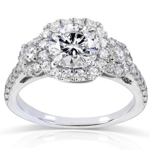 White Gold 1.75ct TDW Round Diamond Three Stone Halo Engagement Ring by Yaffie
