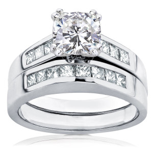 Eternally Stunning Yaffie White Gold Bridal Set with 1 3/4ct Cushion Moissanite & Princess Channel Diamonds
