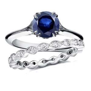 Antique Floral Eternity Band with 1 Carat Blue Sapphire and 0.4 Carat Total Diamond Weight in White Gold by Yaffie