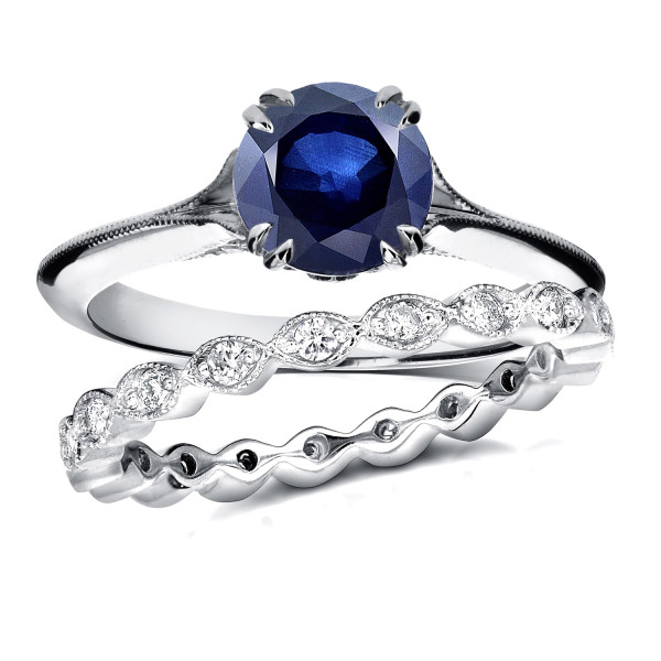 Antique Floral Eternity Band with 1 Carat Blue Sapphire and 0.4 Carat Total Diamond Weight in White Gold by Yaffie
