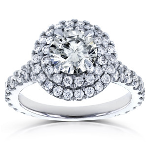 Sparkling Yaffie Double Halo Split Shank Engagement Ring with 2 1/10ct TCW Moissanite and Diamonds in White Gold