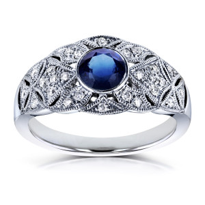 Vintage White Gold Engagement Ring with 5/8ct Bezel Sapphire and Diamonds, by Yaffie