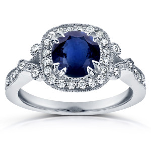 Artistic White Gold Halo Ring with Sapphire and Diamonds (6.5 MM & 2/5 CT) in Antique Deco Style by Yaffie.