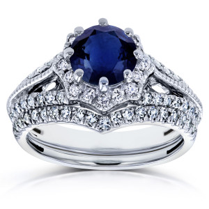 Star-studded Yaffie Bridal Set with Blue Sapphire and 1/2ct TDW Diamonds in White Gold