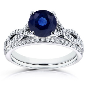 Blue Sapphire & Diamond Crossover Bridal Set in White Gold by Yaffie, 1/5ct TDW