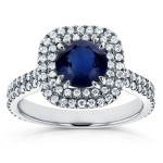 Blue Sapphire & Diamond Double Halo Engagement Ring in White Gold by Yaffie (3/4ct TDW)