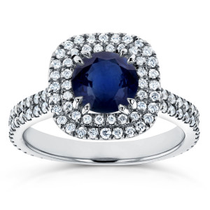 Blue Sapphire & Diamond Double Halo Engagement Ring in White Gold by Yaffie (3/4ct TDW)