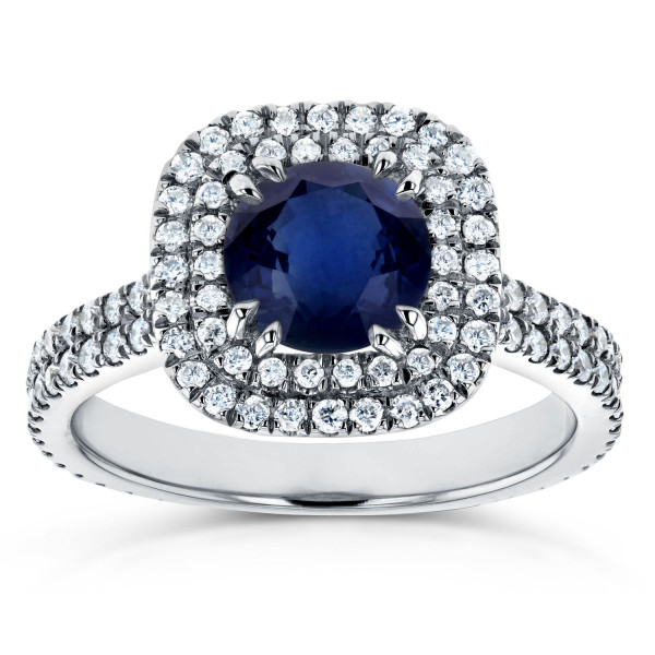 Blue Sapphire & Diamond Double Halo Engagement Ring in White Gold by Yaffie (3/4ct TDW)