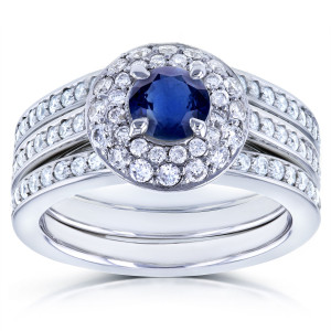 Blue Sapphire & Diamond 3-Piece Bridal Ring Set with Double Halo & 4/5ct TDW, in Yaffie White Gold Domed Style.