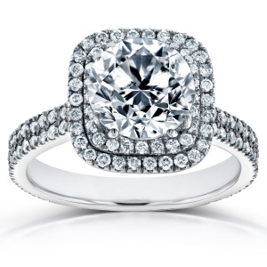 Certified White Gold Double Halo Engagement Ring with 2 1/4ct Round Diamond by Yaffie