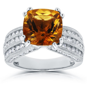 Multi-Row Channel Ring with Orange Citrine and Diamonds in White Gold by Yaffie