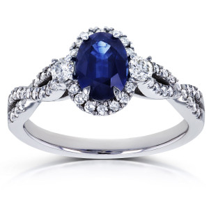 Vintage Blue Sapphire and Diamond Halo Oval Engagement Ring in White Gold by Yaffie