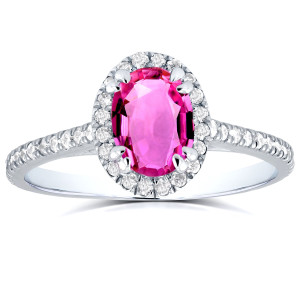 Pink Sapphire Oval White Gold Ring with Diamond Halo - 1/3ct TDW