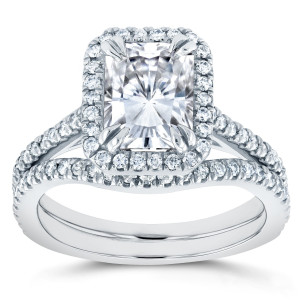 Radiant White Gold Bridal Set featuring Moissanite & Halo Diamonds