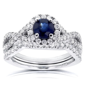 Yaffie Bridal Set with Sapphire and Halo Diamonds in White Gold