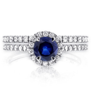 Bridal Set with Halo of 1/2ct Diamond and Sapphire Round-cut in Yaffie White Gold