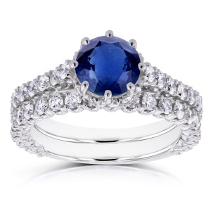 Elegant Yaffie White Gold Bridal Ring with Sparkling Sapphire and 1.1ct TDW Diamond in Classic 8-Prong Standing Halo Design.